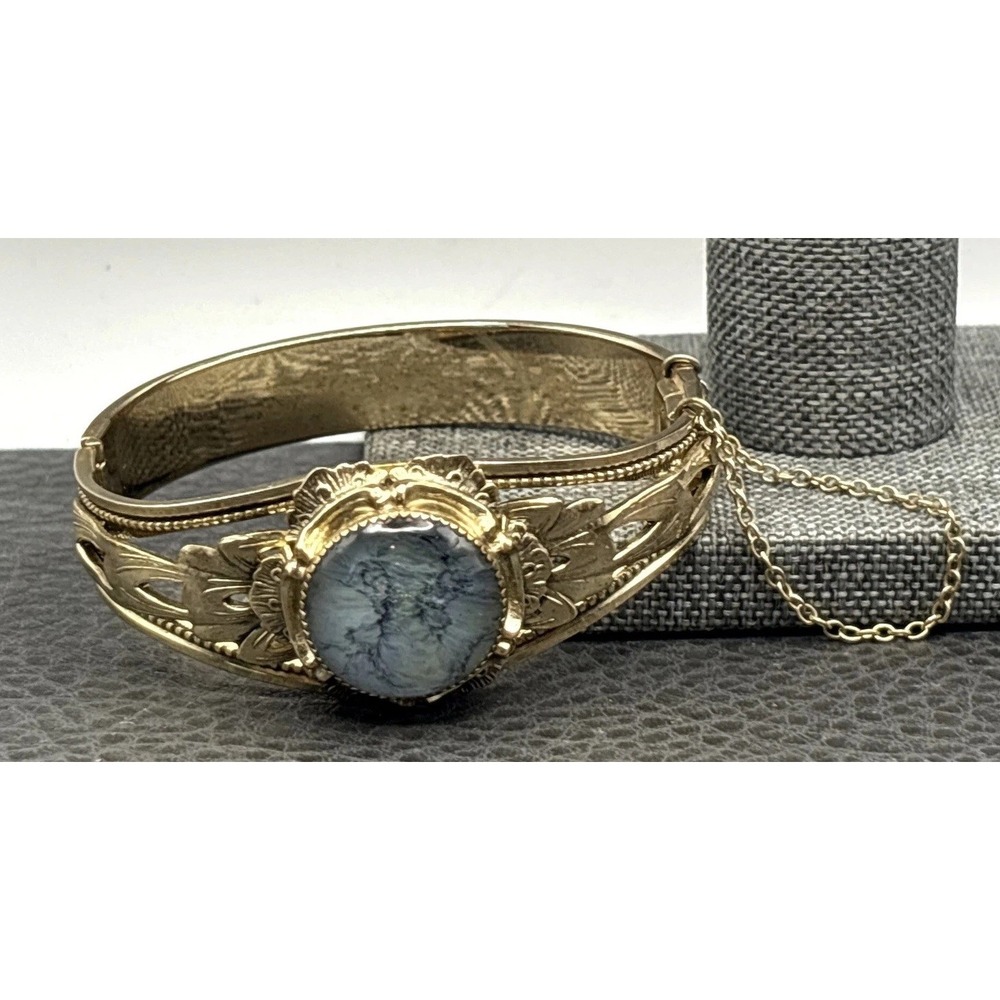 Vintage Whiting Davis Faux Blue Flash Labradorite Cabochon Bangle Bracelet 6.5"